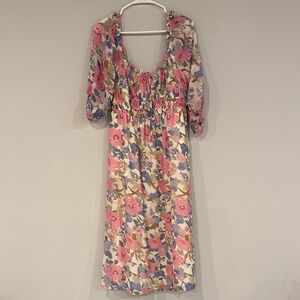Floral Ruffle Peasant dress - Pink & Blue Garden Print